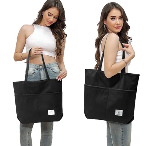 KALIDI Women Corduroy Tote Bag Zipper Casual Tote's Handbag Big Capacity Shoulder Bag with Pockets - color: D-black