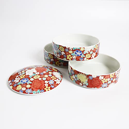 Traditional Japanese Bento Box, 3-tiered, Kutani Ware SK456 (Red flower design) - color: Red flower design