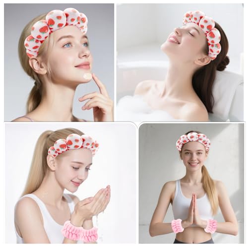 Zkptops Spa Headband for Washing Face Wristband Set Sponge Makeup Skincare Velvet Fabric Bubble Soft Get Ready Hairbands for Women Puffy Pink Headwear Non Slip Thick Thin Hair Accessory (Strawberries) - color: ZYC Strawberries