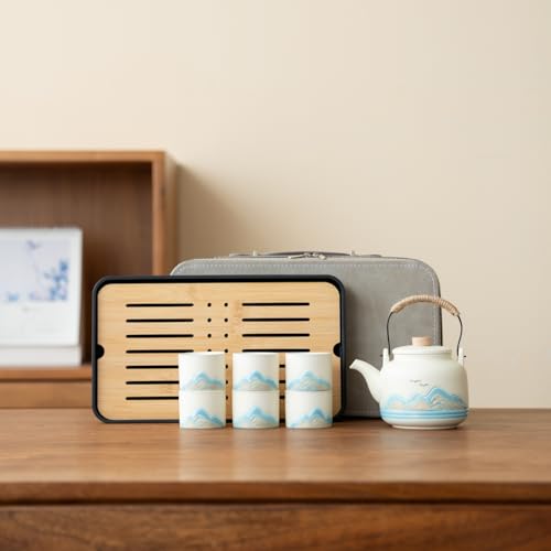 Chinese Tea Set – White Porcelain Gongfu Teapot with 6 Cups & Tea Tray, Travel Tea Set with Carrying Case for Tea Ceremony, Daily Tea Ritual, Asian Style Gift - color: White Teapot & 6 Teacups