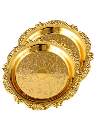 Gold Decorative Tray Set of 2, 8'' Round Vintage Metal Vanity Tray for Perfume, Small Ornate Jewelry Dish, Bathroom Counter Organizer, Coffee Table Decor - color: Gold, size: 8''