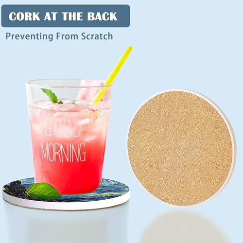 Drink Coasters Set of 4,The Starry Night Coasters for Drinks Ceramic Coaster with Cork Bottom for Kinds of Mugs and Cups,Home Decor,4'' - color: The Starry Night