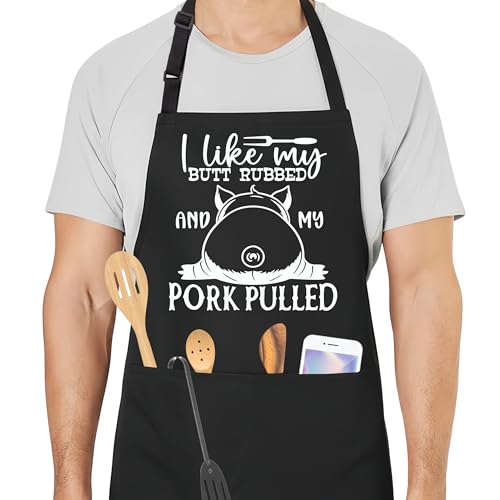 Funny Aprons for Men with 2 Pockets, Cooking Apron for Dad, Gag Gifts for Men, Adjustable BBQ Grilling Apron for Husband, Chef Kitchen Gifts for Birthday & Father’s Day - A05 - color: I Like My Butt Rubbed and My Pork Pulled