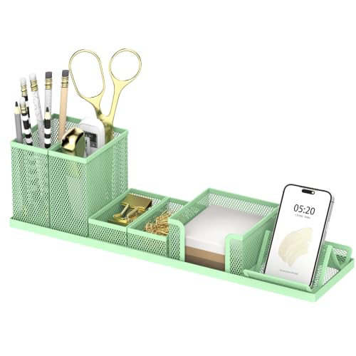 Pen Holder for Desk, 6-Piece Mesh Desk Organizer with Phone Holder, Green - color: Green