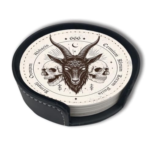 Satan Goat Skull Coasters for Drinks with Holder Leather Coasters Set of 6 for Coffee Table - color: Satan Goat