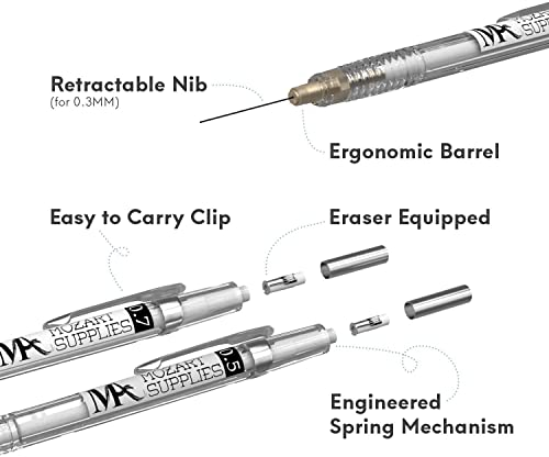 MozArt Mechanical Pencil Set 4 Sizes 0.3 0.5 0.7 0.9mm HB Lead Clear - color: Clear