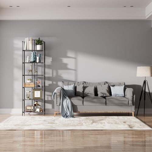 Crofy 6-Tier Foldable Bookshelf, Black Frame & Walnut Shelves - color: Black Frame & Walnut Shelf, size: 6 Tier