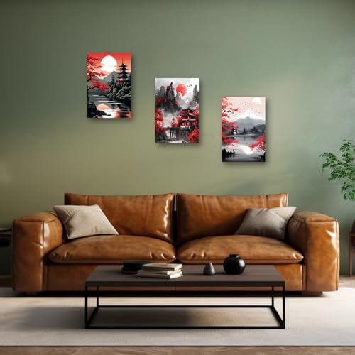 PBXBJY Japanese Canvas Wall Art 3 Pieces Japanese Landscape Painting Prints Red and Black Cherry Blossom Trees Building Pictures Living Room Office Decor Frame (12x16inchx3Pcs) - color: Red, size: 12x16inchx3Pcs