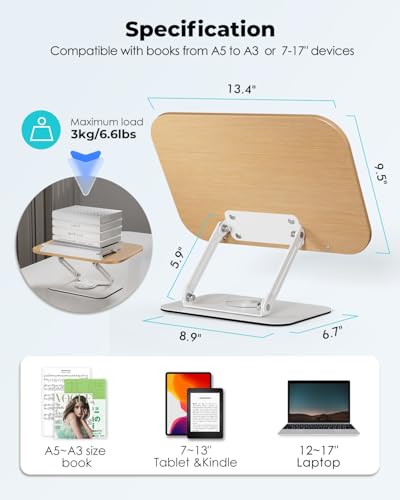 Viozon Book Stand for Reading,Book Holder, Height&Angle Adjustable, 360° Rotating Base, Foldable and Portable, Lightweight for Office, Kitchen, School Textbook, Recipe, Magazine,Kindle,Tablet LW - color: Light Wood
