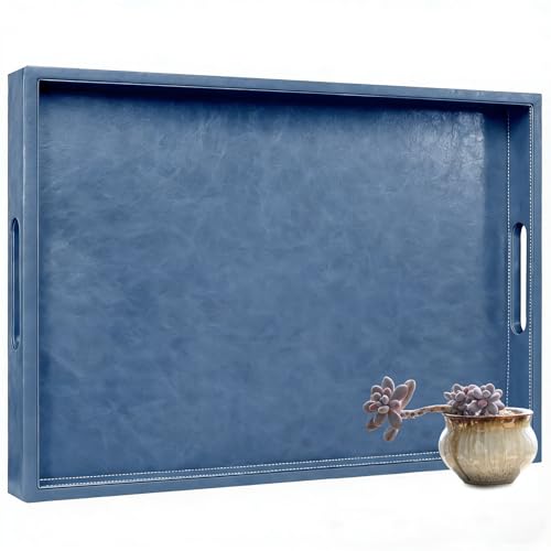 30 x 24 inches Rectangle Leather Ottoman Serving Tray with Hole Handles, Extra Large Modern Service Tray for Living Room, Coffee Table, Bed, Tea, Food, Countertop, Kitchen, Dinner, Picnic (Blue) - color: Blue, size: 30" x 24" x 2"