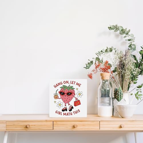 OFlich Preppy Strawberry Wooden Box Sign 5x5 Inches - Strawberry Gifts for Women, Trendy Desk Sign for Dorm Girls Room, Cute Wooden Signs for Home Decor