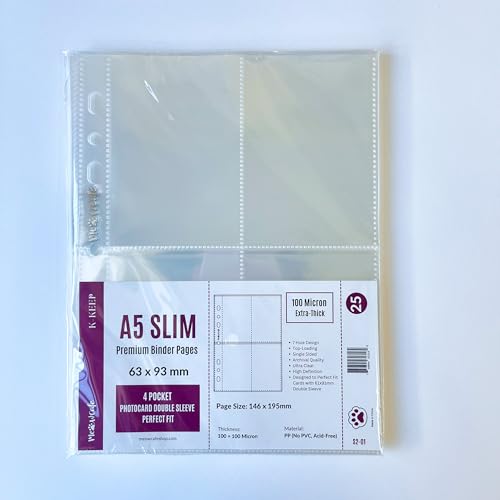 Meowcafe K-Keep A5 Slim 4 Pocket Premium Binder Pages, 63x93mm, 7 Holes, 100 Micron, Pack of 25