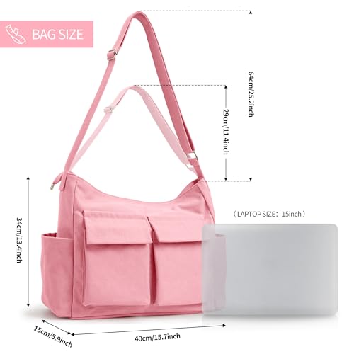KALIDI Canvas Tote Bag Zipper Large Crossbody Shoulder Bag Messenger Bag - color: Upgraded Pink