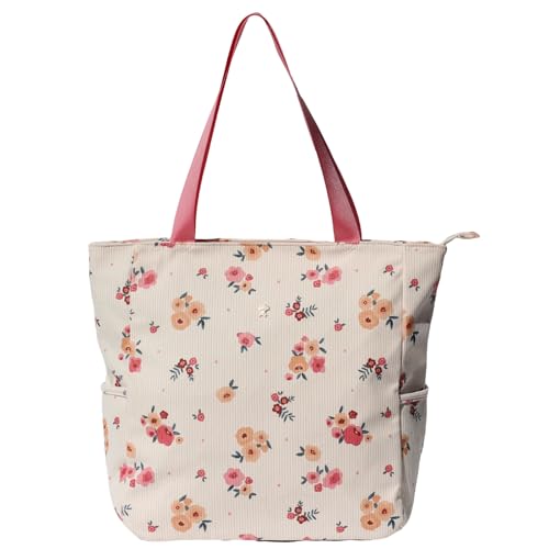 ESVAN Original Floral Water Resistant Large Tote Bag Shoulder Bag for Gym Beach Travel Daily Bags Upgraded - color: Corduroy Beige Flower