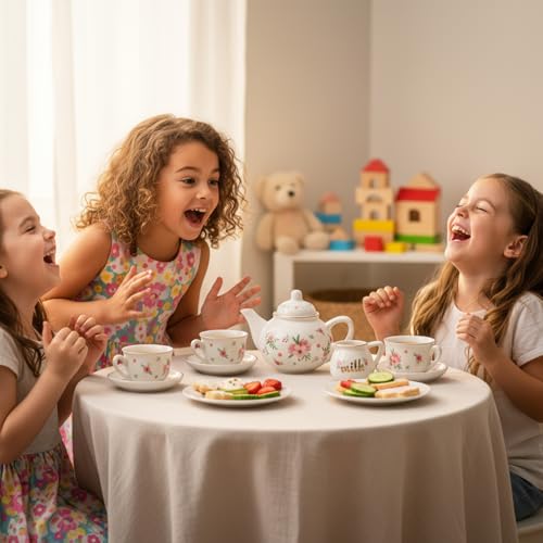 Porcelain Tea Set for Toddlers, Tea Party Set for Little Girls, Pink Floral Teapot Cup Saucer Carry Case, Princess Party Pretend Play Kids Toys, Toddler Girl Birthday Gifts Age 3 - 8 Years Old - style: B. Picnic Garden Tea