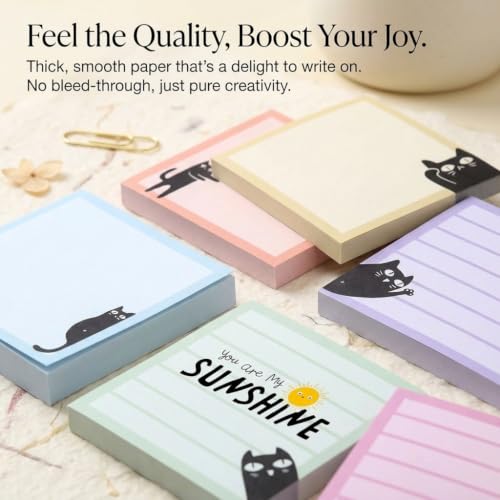 6 Pads Cute Cat Sticky Notes 3X3 Funny Post it Notes Notepads - color: Black Cat
