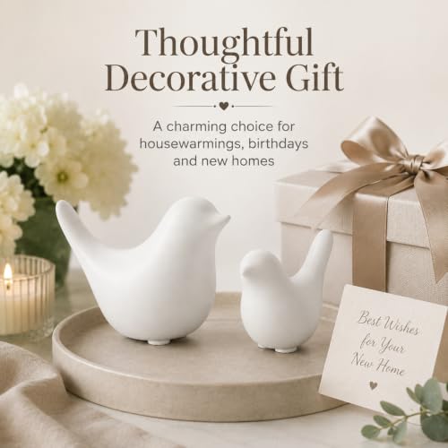 White Ceramic Bird Figurines and Statues, 2 Piece Bird Decor - color: White