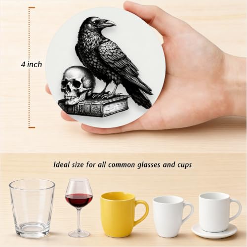 Nikyi 6 Pcs Crow Skull Art Ceramic Coasters, Round Absorbent Drink Coaster with Metal Holder and Cork Base, Black Raven Gothic Coaster for Coffee Table Kitchen Office Home Decor Gifts - color: Crow