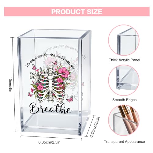 It's Okay Only Breathe Acrylic Cosmetic Pencil Pen Holder Cup, Skeleton Desk Organizer Accessories for Office, Inspirational Gifts for Women Girl Coworker Therapist Teacher Respiratory Doctor - style: Breathe B