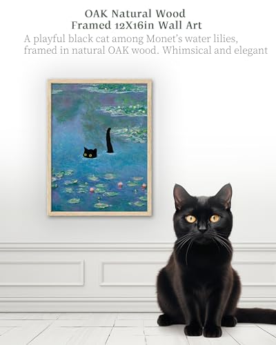 iHery 12x16in Natural OAK Wood Framed Monet Water Lily Cat Wall Art - color: Oak Wood Framed Monet Cat, size: 16"L x 12"W