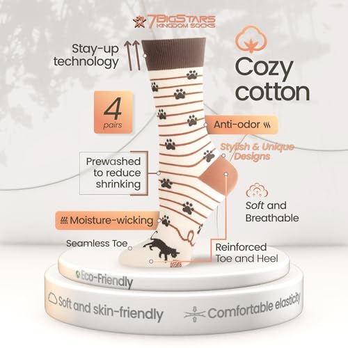 7BIGSTARS Women Cotton Crew Socks, Patterned 4 Pack, M 5-9 - L 8-12 - color: 09 - Brown, Grey, Ecru, Black (A57), size: 5-9