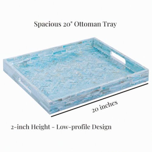 PEMAR Mother of Pearl Square Decorative Tray 20 x 20 Inch - Handcrafted Ocean Blue Herringbone Shell Inlay Ottoman Tray with Built-in Handles, Large Oversized Coffee Table Centerpiece Tray - color: Light Teal Herringbone