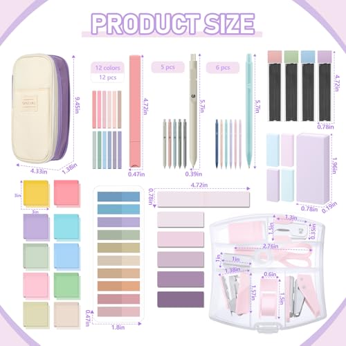 Sinload 60 Pcs Aesthetic Book Annotation Kit School Supplies Cute Pencil Case Mini Stapler Set 12 Highlighter 5 Gel Pen 6 Pencil 5 Magnetic Bookmark 1220 Sticky Note Student Stationary(Purple) - color: Purple