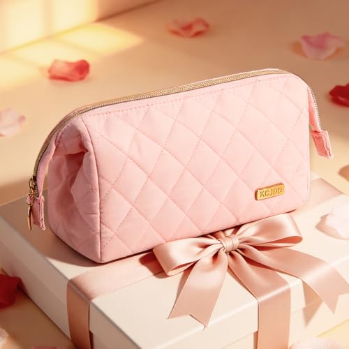 Graduation Gifts Soft Quilted Makeup Bag, Wide Opening Cosmetic Pouch Travel Toiletries Accessories Bag Trendy Makeup Purse for Women Teen Girls Holiday Gifts Birthday Gifts (Light Pink) - color: Light Pink
