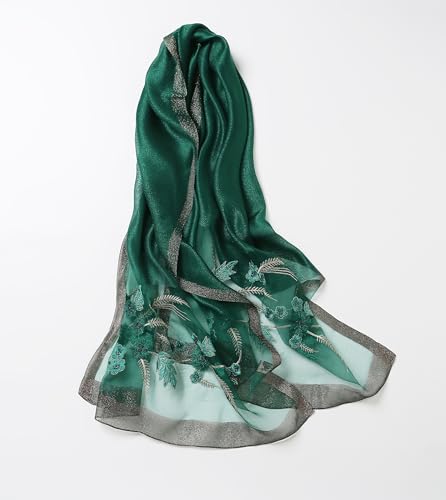 Jeelow Long Silk Blend Embroidered Floral Shawl Scarf Wrap for Women - color: Green Bloom