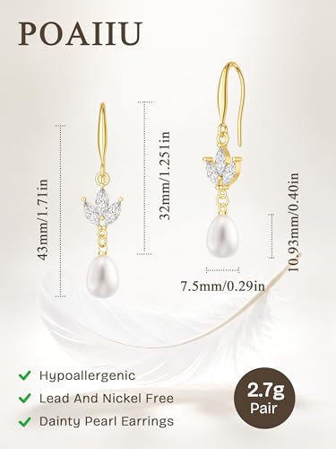 Pearl Earrings for Women,14K Gold/Silver Plated Dangle Drop Earrings - color: white