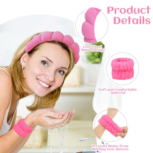 6 Pcs Terry Cloth Headband and Wristbands Set - Sponge Makeup Removal Headbands for Skincare, Shower, and Face Washing - color: Rose