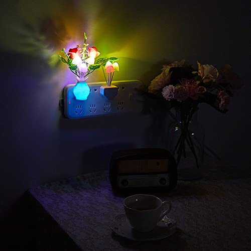 Mudder 4 Pcs Sensor Mushroom Night Lights LED Night Lights 7 Color Changing Plug-in Light Sensor Wall Lamp for Adults Bedroom, Bathroom, Christmas Party Gift(Red Lilies, Purple Lilies, Rose, Tulip) - style: Red Lilies, Purple Lilies, Rose, Tulip