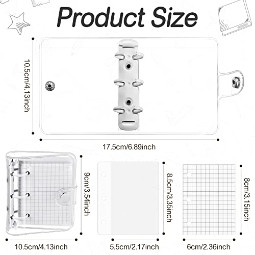 2 Sets Mini Transparent 3 Ring Binder Covers with Mini Binder Inner Paper Pockets Clear Soft PVC Notebook Closure Loose Leaf Folder Round Ring Cover Protector with Snap Button(White, Black)