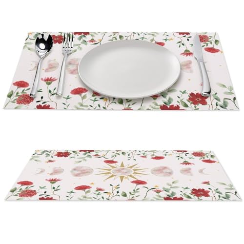 Boho Floral Placemats Set of 4, 12x18 Inch Witchy Moon Tarot Phase Gothic Red Wild Flower Bohemia Mystical Holiday Farmhouse Coffee Table Mats for Party Kitchen Dining Decoration - color: Pm-floral Moon02, size: 4pcs