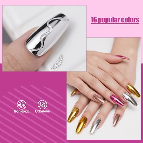 Artdone 16 Jars Chrome Nail Powder Dip Kit Magic White Pearl Gold Mirror - color: 16 Colors Chrome