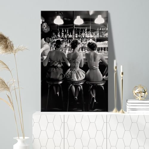 Vintage Black and White Posters Trendy Women Drink Cocktail Wall Art Funky Girly Room Decor Retro Alcohol Canvas Prints Three Friends Pictures for Bar Cart Apartment Dorm Aesthetic 12x16in Framed - color: Framed 1, size: 16"L x 12"W