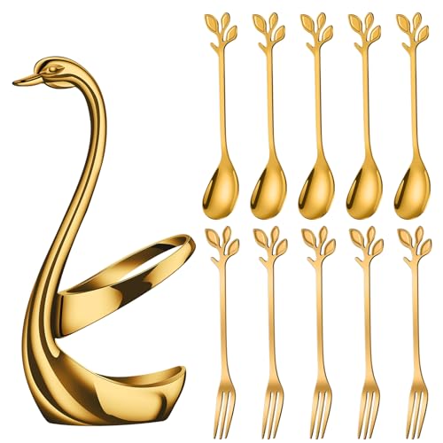 AnSaw Gold Swan Base Holder Set with 10 Pcs 4.7" Mini Leaf Spoons & Forks - color: Gold Swan