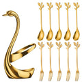 AnSaw Gold Swan Base Holder Set with 10 Pcs 4.7" Mini Leaf Spoons & Forks - color: Gold Swan