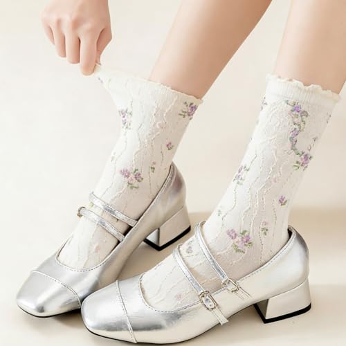 6 Pack Women's Ruffle Socks Cute Frilly Socks Vintage Floral Heart Cherry Pattern Cotton Breathable