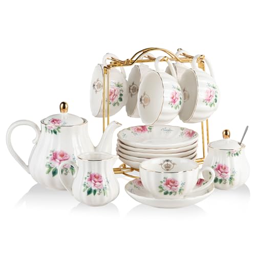 Sweejar Porcelain Tea Sets British Royal Series, 8 OZ Cups & Saucer Service for 6, with Teapot Sugar Bowl Cream Pitcher Teaspoons and Tea Strainer, Suitable for High Tea, Wedding, Party(Blush Pink) - color: Blush Pink