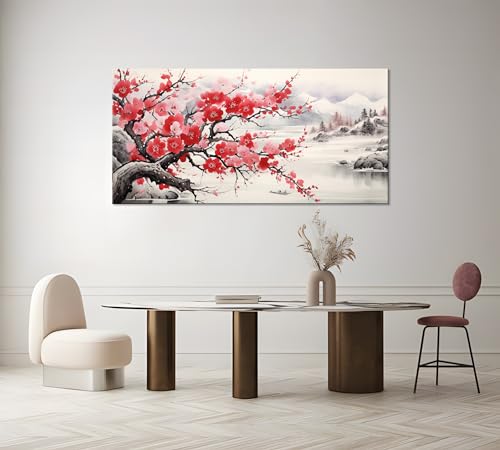 NAN Wind Asian Wall Art Traditional Chinese Painting Oriental Red Plum Blossom Canvas Pictures for Wall Decor Home decor for Living Room Cherry Blossom Decor Landscape Artwork Framed Ready to Hang - color: Red-One Piece, size: 32"L x 16"W