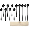 12 Pcs Flower Coffee Tea Spoons Set with Storage Bag, 4 Long & 8 Short Stainless Steel Teaspoons for Sugar Dessert Ice Cream Stirring, Cute Fancy Tableware for Tea Party Kitchen Cafe Bar(Black) - style: Black