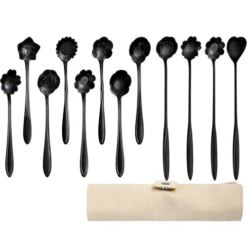 12 Pcs Flower Coffee Tea Spoons Set with Storage Bag, 4 Long & 8 Short Stainless Steel Teaspoons for Sugar Dessert Ice Cream Stirring, Cute Fancy Tableware for Tea Party Kitchen Cafe Bar(Black) - style: Black
