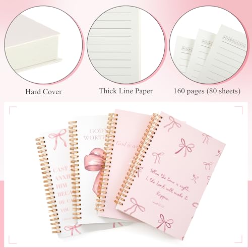 4 Pack Pink Phrases Bow Notebooks for Teen Girls & Women, Cute Supplies, A5 - color: Pink, style: Phrases Style