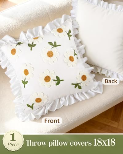 Embroidered Throw Pillow Cover, 18x18 Inch, Ruffle Daisy - color: Ruffle-daisy, size: 18" x 18" (Pack of 1)