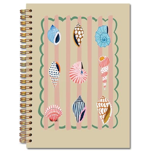 JINYO Beige Striped Beach Notebook, Ocean Seashell Conch Journal, Coastal Beachy Nautical Journal, Beach Supplies for Women, Cute Ocean Spiral Notebooks 5.5x8.3 Inch - color: white Striped Beach Notebook