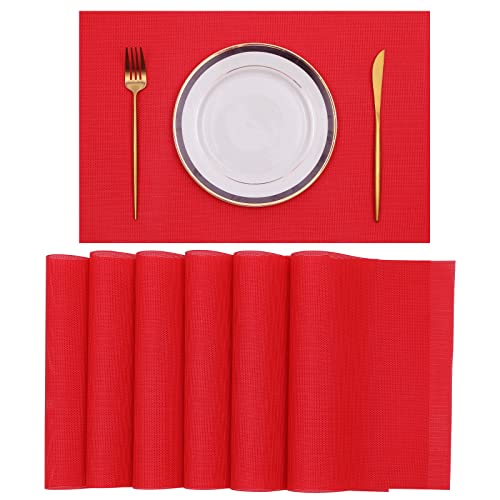 SHACOS Placemats Set of 6 Woven Vinyl Christmas Place Mats for Dining Table Wipe Clean Stain Resistant Table Mats Indoor Outdoor (6, Red) - color: Red, size: Set of 6