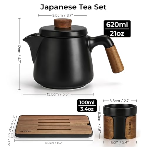 MIAMIO - Japanese/Chinese Tea Set 6 x 3.4 oz/Asian Tea Pot 21 oz with Tea Infuser, Traditional Japanese Tea Cups Set for Tea Lovers/Men/Women (Black) - color: Black