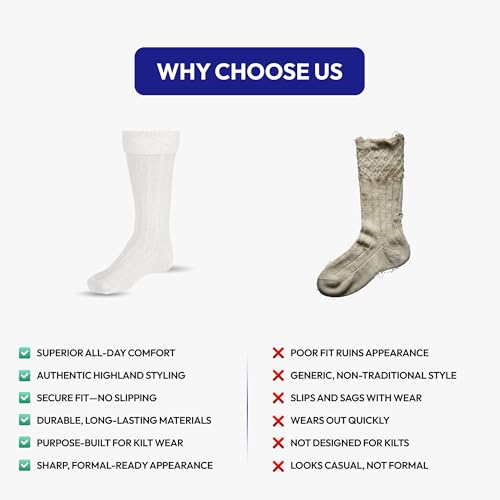 Scottish Bubbles And Square Kilt Hose for Men, Ribbed Socks for USA Shoe Sizes - color: White, size: Medium