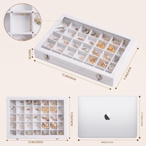 Frebeauty 35 Grid Earring Organizer,Velvet Jewelry Tray with Clear Lid - color: White, size: 35 Grid